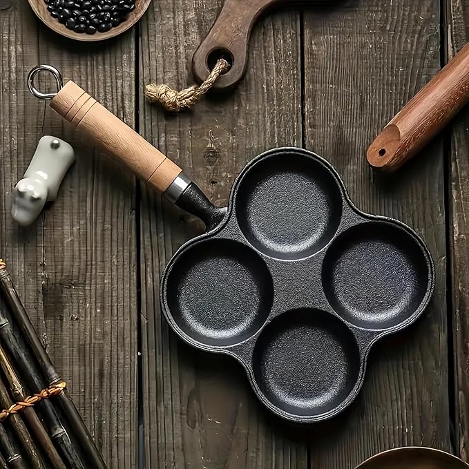 Cast Iron 4-Cup Egg Pan, Small Omelette Pan with Turner & Oil Brush, Breakfast Pan for Eggs Pancakes Sandwiches Burgers, Suitable for Gas Stove & Induction, Naturally Nonstick with Seasoning, 6.6inch