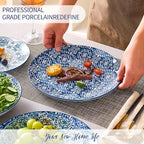 Bestone Porcelain Dinnerware Sets Service for 4, 12 pcs Hand drawn Plates and Bowls Sets, Handmade Ceramic Dish Set, Chip Resistant Modern Plate Set, Dishwasher/Microwave Safe，Vintage Blue