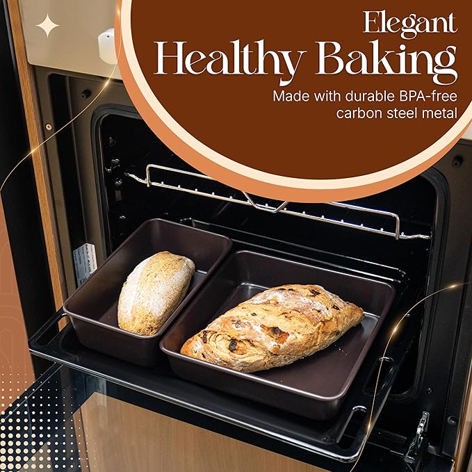 8 Piece Nonstick Stackable Bakeware Set -8 Piece Nonstick Bakeware Set - Easy Storage, 450°F Oven Safe, Durable Design, Muffin, Loaf, Baking Sheets, Round & Square Pan, Roaster; BPA-Free (Dark Brown)