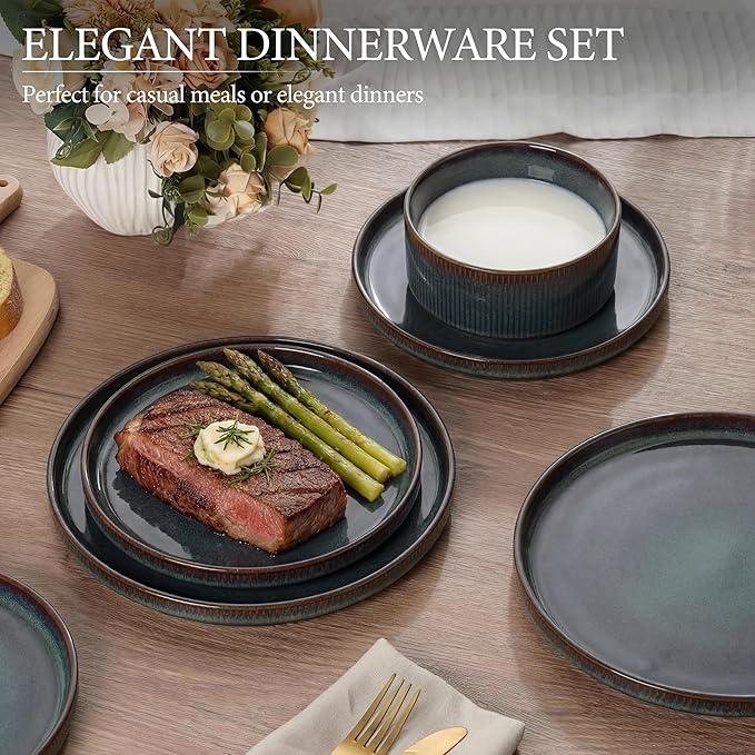 E-far Stoneware Dinnerware Sets for 2, 6-Piece Plates and Bowls Sets, Chip & Scratch Resistant Ribbed Dish Set for Home Restaurant, Microwave & Dishwasher Safe, Blackish Green
