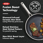 OXO Hybrid 12” Nonstick Stainless Steel Frying Pan, PFAS-Free Ceramic Skillet, Fusion Boost Tech for Powerful Searing, Induction & All Cooktop Compatible, Dishwasher Safe, Mirror Polished Tri-Ply