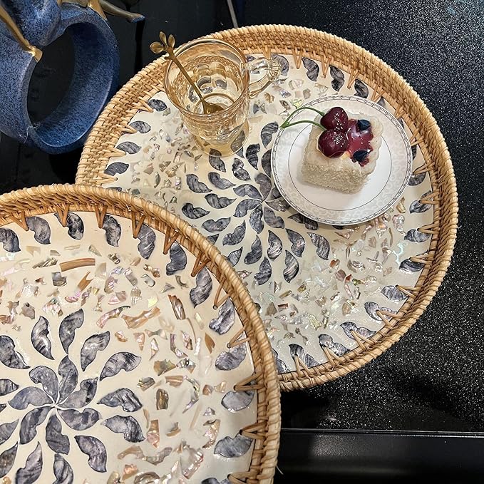 Terrekraft 14" Large Rattan Serving Tray with Mother of Pearl, Round Coffee Table Tray Decor, Boho Decorative Hand-Woven Wicker Home Decor (Lucky Flower)
