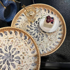 Rattan Serving Tray with Mother of Pearl, Round Coffee Table Tray Decor, Round Wicker Tray, Boho Decorative Tray, Woven Tray (Lucky Flower, 12" & 14")