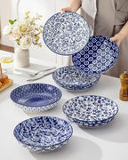 vancasso 50 oz Large Pasta Bowls Set of 6, Porcelain Serving Bowls, 9.5 Inch Wide Shallow Salad & Soup Bowls, Kitchen Pasta Plates, Microwave and Dishwasher Safe, Blue White Floral Design