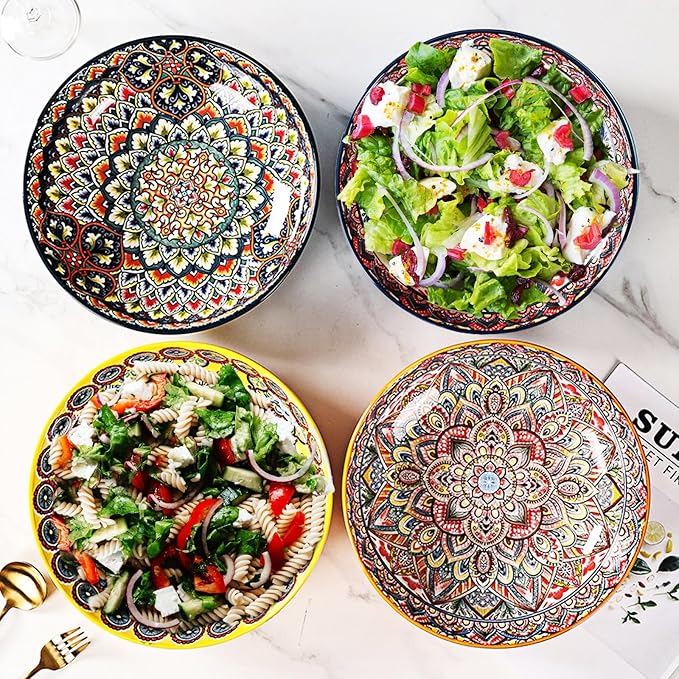 Boho Large Serving Bowls, 10.2 Inch Fruit Salad Bowls, Decorative Serving Dishes for Entertaining, 80 OZ Pasta Bowls Set of 2, Vibrant Colorful Soup Bowls for Party, Home Decor, Bohemian Style Gift