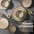 E-far 8-Piece Plates and Bowls Sets with Pasta Bowls - Stoneware Dinnerware Set for 2, Modern Ribbed Dishes, Microwave & Dishwasher Safe, Sandy Khaki