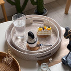 2 Pack Round Rattan Tray, Hand Woven Serving Tray with Handles, Wicker Serving Basket, Decorative Tray for Home Decor, Whitewash (11.8 + 14 inch)