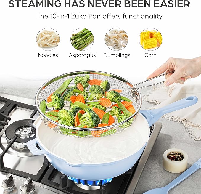 ZUKA 10 in 1 Ceramic Pan by Granitestone, Large 10 Inch Saute Pan with Lid Serves as Deep Frying Pan Set with Steamer, Everyday Skillet, Non Toxic Ceramic Nonstick, Induction Oven & Dishwasher Safe