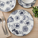 Gibson Home Westerly Court 16-Piece Dinnerware Set, Blue Floral Stoneware Plates & Bowls, Service for 4, Round Durable Everyday Dish Set