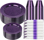 DaYammi 350 Pieces Purple Glitter Dinnerware Set 50 Guest for Party- 50 Dinner Plates, 50 Dessert Plates -50 Per Rolled Napkins with Purple Cutlery - 50 Disposable Cups 9 OZ