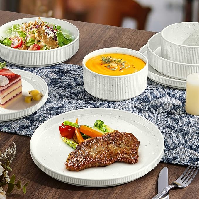 LIANYU Dinnerware Plates and Bowls Dishes Set, 8 Piece Stoneware Sets with Pasta Bowls for 2, Ribbed Ceramic Kitchen Dishware for Home, Microwave and Dishwasher Safe, Speckled White
