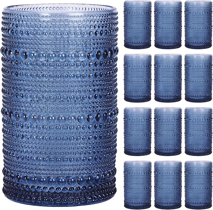 Moretoes Hobnail Drinking Glasses Set of 12,12 Oz Highball Glasses Embossed Boho Water Glass Cups Kitchen Bar Tumbler Glassware Set for Whiskey, Beer
