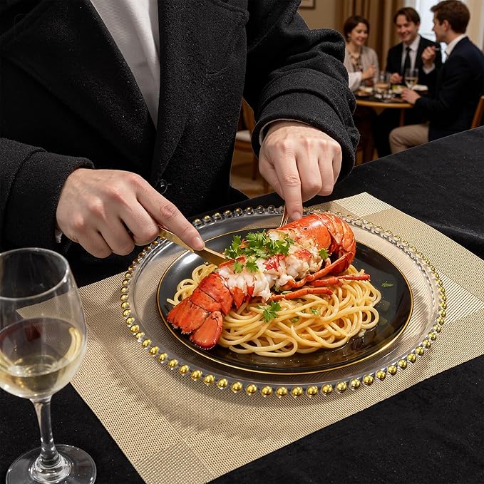 KIRE 175Pcs Black Plates Disposable - Heavy Duty Black and Gold Plastic Plates- 25 for Dinner 25 for Dessert 25 Pre Rolled Gold Silverware and 25 Cups for Graduation/Birthday Party/Wedding
