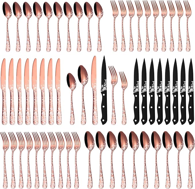 Stapava 48-Piece Rose Gold Silverware Set with Steak Knives, Stainless Steel Cutlery Flatware Set for 8, Utensil Sets Include Forks Spoons and Knives for Home, Mirror Polished, Dishwasher Safe