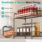 2 Pack Spice Rack Organizer for Countertop with Wood Top, 2-Tier Foldable Metal Rust-Proof Standing Large Seasoning Storage Shelf with Guardrail & Mesh Design for Kitchen Living Room, Black