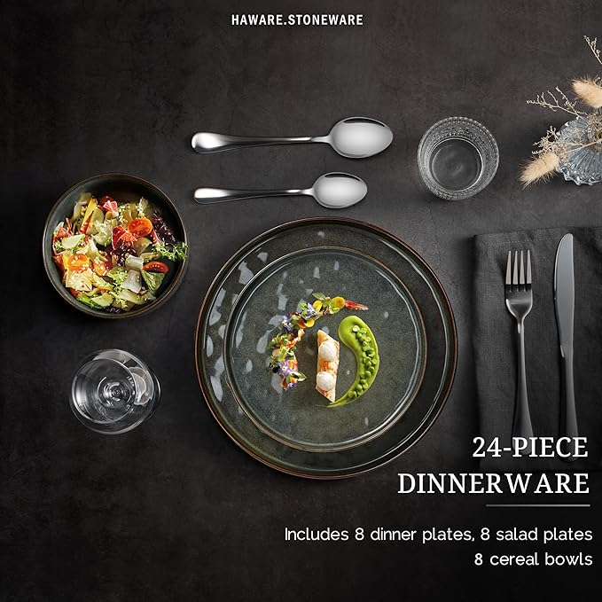 HaWare Dinnerware Sets, 24-Piece Plates and Bowls Set, Stoneware Dish Set for 8, Ceramic Dinnerware for Home Restaurant, Chip and Scratch Resistant, Microwave and Dishwasher Safe, Reactive Moss Green