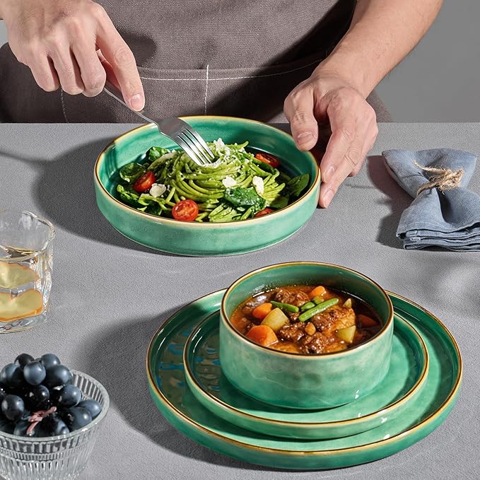 E-far 24-Piece Plates and Bowls Sets with Pasta Bowls - Stoneware Dinnerware Set for 6, Modern Ribbed Dishes, Microwave & Dishwasher Safe, Reactive Green