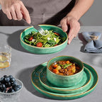 E-far 16-Piece Plates and Bowls Sets with Pasta Bowls - Stoneware Dinnerware Set for 4, Modern Ribbed Dishes, Microwave & Dishwasher Safe, Reactive Green