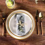 GBHOME 18-Piece Stoneware Dinnerware Set for 6 – Ribbed Ceramic Plates and Bowls, Scratch-Resistant, Microwave & Dishwasher Safe, Reactive Glaze, White with Honey-Brown Edge