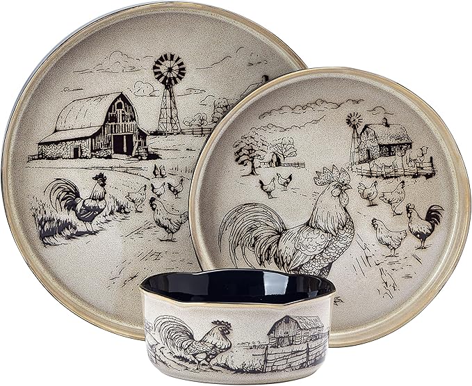 Pfaltzgraff Farmyard Rooster 12 Piece Farmhouse Style Dinnerware Set, Service for 4, Plate Bowl with High Rims, Rustic Design, Brown Black