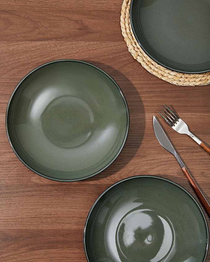 Pokini Pasta Bowls Set of 4, Reactive Glaze Salad Bowl 30 oz, Microwave & Dishwasher Safe, Large Wide Serving Bowls for Fruit/Soup/Noodle/Dessert, Blackish Green