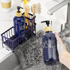 Cisily Navy Blue Kitchen Dish Soap Dispenser, 16 fl Oz Dual Kitchen Soap Dispensers with Sponge Holder, Customized Stainless Steel Kitchen Soap Dispenser Set, Modern Hand and Dish Soap Bottle Set