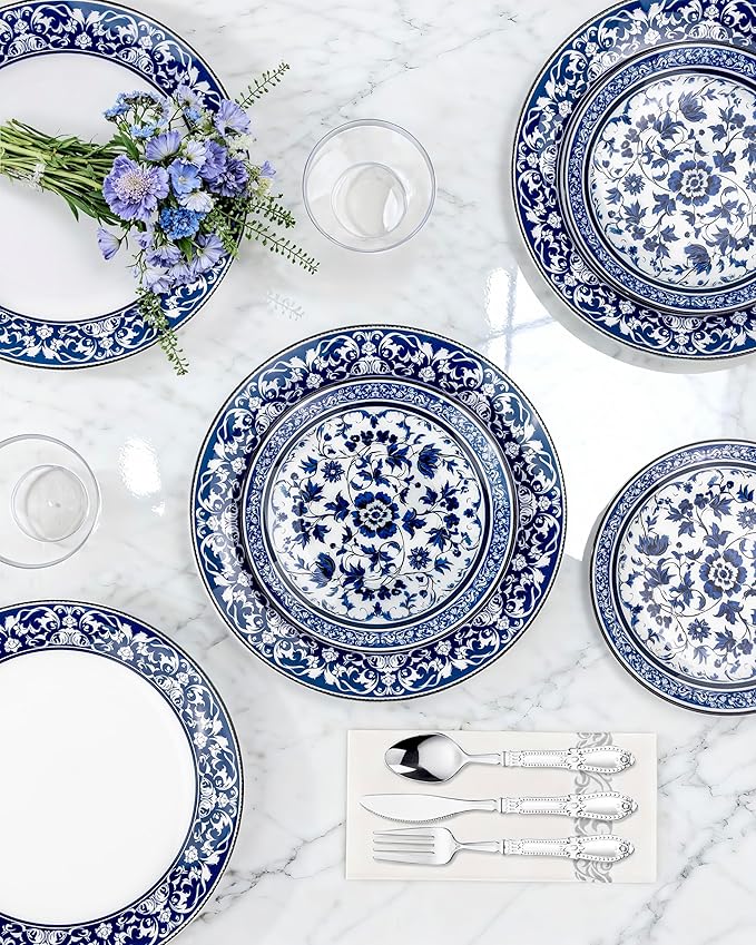 Hioasis 175PCS Blue Plastic Plates - Floral Disposable Dinnerware Set for 25 Guests, Include 50 Dinner & Dessert Plates, 75 Silver Cutlery, 25 Napkins, 25 Cups Perfect for Party (Art Style)