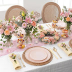 KIRE 175PCS Pink Plates Disposable - Heavy Duty Pink and Gold Plastic Plates Dinnerware Sets - 25 for Dinner 25 for Dessert 25 Pre Rolled Napkins 25Cups for Spring/Wedding/Mother's Day/Baby Shower
