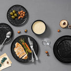 E-far 16-Piece Black Plates and Bowls Sets with Pasta Bowls - Stoneware Dinnerware Set for 4, Modern Ribbed Matte Black Kitchen Dishes, Microwave & Dishwasher Safe