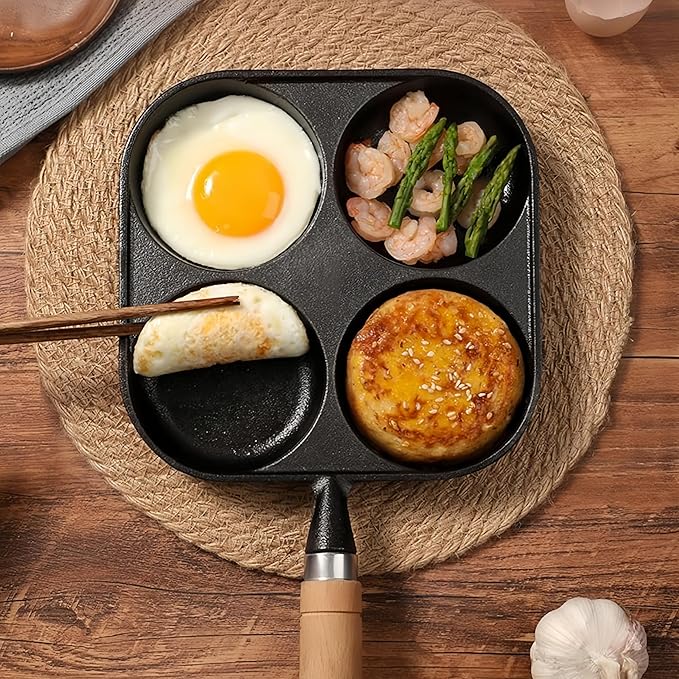 Cast Iron 4-Cup Egg Pan Skillet, Small Omelette Pan, Family Breakfast Pan for Eggs, Pancakes, Sandwich & Bruger, Suitable for Gas Stove and Induction Cooktop, Natural Nonstick with Seasoning, 7.5 inch