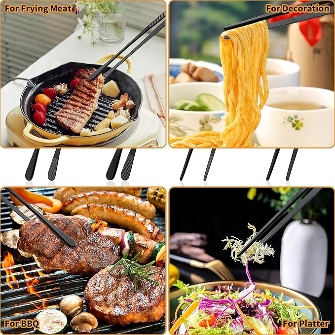 Metal Tongs & Kitchen Tweezers Set, 4 Pcs 12'' & 10'' Stainless Steel Tong and Cooking Tweezers with Two Types of Jaws and Non-Slip Design, Food-Grade Coating, High Strength for BBQ & Platter, Black