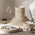 GBHOME 12-Piece Stoneware Dinnerware Set for 4 – Ribbed Ceramic Plates and Bowls, Scratch-Resistant, Microwave & Dishwasher Safe, Reactive Glaze, Oatmeal Veil
