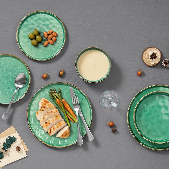 E-far 16-Piece Plates and Bowls Sets with Pasta Bowls - Stoneware Dinnerware Set for 4, Modern Ribbed Dishes, Microwave & Dishwasher Safe, Reactive Green