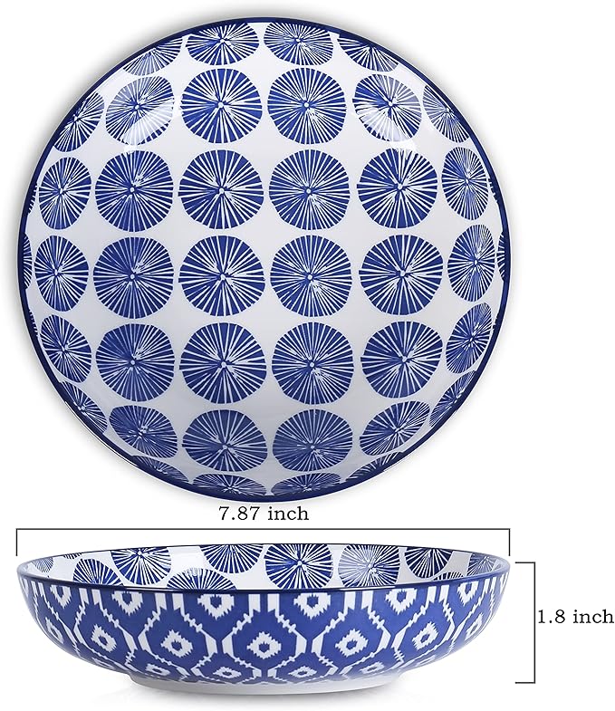 Selamica Porcelain 26 Ounce Pasta Bowls Set of 6, 8 inch Wide and Shallow Salad Bowls, Serving Bowls, Microwave & Dishwasher Safe, Sturdy & Stackable, Vintage Blue