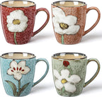 Maxdot 4 Pcs 12oz Ceramic Coffee Mugs Sets Glazing Process Cappuccino Mug Floral Ceramic Tea Cups Mother's Day Idea Gift for Women Mom Porcelain Cup for Coffee, Cocoa, Tea, Latte (Classic)