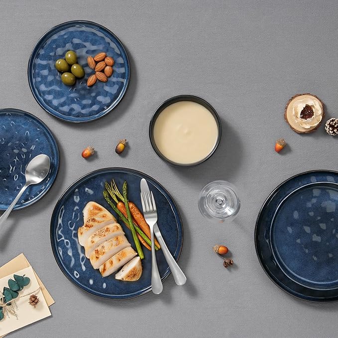 E-far 8-Piece Plates and Bowls Sets with Pasta Bowls - Stoneware Dinnerware Set for 2, Modern Ribbed Dishes, Microwave & Dishwasher Safe, Starry Blue