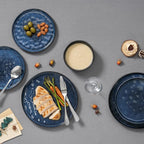 E-far 24-Piece Plates and Bowls Sets with Pasta Bowls - Stoneware Dinnerware Set for 6, Modern Ribbed Dishes, Microwave & Dishwasher Safe, Starry Blue