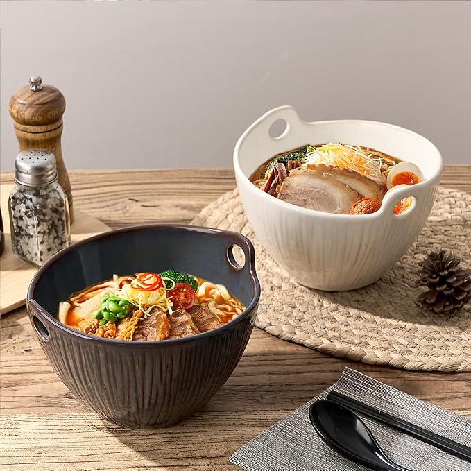 Ramen Bowl with Chopsticks and Spoons Set, 7 Inch Ceramic Noodle Bowl Set of 2, Dishwasher Safe for Pho Udon Soba Noodle Salad Pasta, Special Reactive Glazed Bowls Set, Purple-Gray