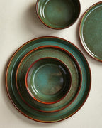 Pokini Plates and Bowls Sets for 8, Ceramic Dinnerware Sets, Kitchen Dish Set, Microwave & Dishwasher Safe Dishware, Highly Durable Handcrafted Dinner Set, Brown Green