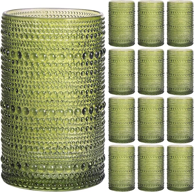 Moretoes Hobnail Drinking Glasses Set of 12,12 Oz Highball Glasses Embossed Boho Water Glass Cups Kitchen Bar Tumbler Glassware Set for Whiskey, Beer, Juice, Milk and Various Mixed Drinks (Green)