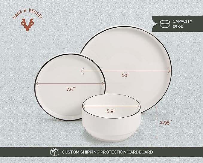 Vase and Vessel Ceramic Dinnerware Set, 12-Piece Service for 4, Round, Microwave and Dishwasher Safe, Cambridge Classics (French)
