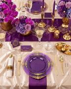 Nervure 350PCS Purple Plastic Plates - Disposable Purple Gold Party Plates & Pre Rolled Napkins with Cutlery for 50 Guests, 100Plates, 150 Silverware, 50 Cups, 50 Napkin for Wedding & Party & Bridal