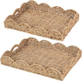 2Pcs - Scalloped Basket, Decorative Basket, Seagrass Tray (17 x 13 x 3 inch - 2Pcs) with Scalloped Edge and Built-in Handles, Rectangle Serving/Rattan/Wicker/Woven/Basket Tray