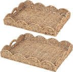 2Pcs - Scalloped Basket, Decorative Basket, Seagrass Tray (17 x 13 x 3 inch - 2Pcs) with Scalloped Edge and Built-in Handles, Rectangle Serving/Rattan/Wicker/Woven/Basket Tray