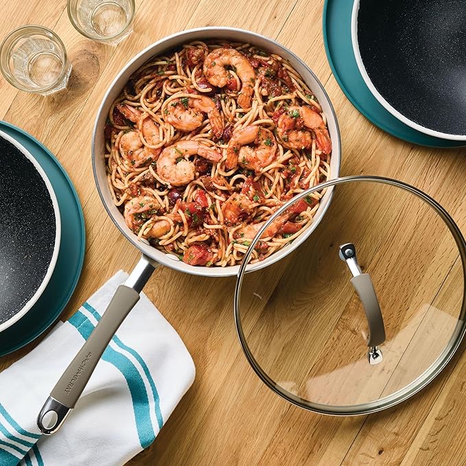 Rachael Ray Cucina Ceramic Nonstick Saute Pan with Lid, 3 Quart Non Stick Sauteuse Pan, Dishwasher Safe - Almond