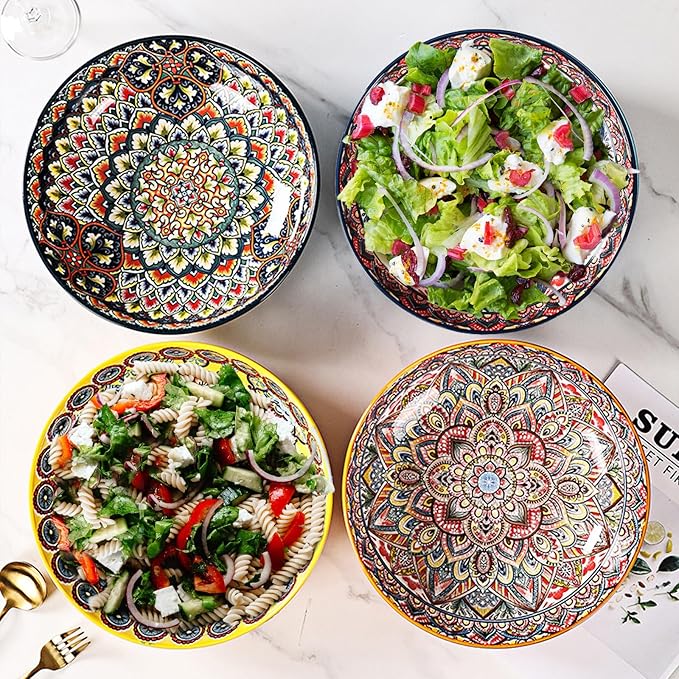 Boho Large Serving Bowls, 10.2 Inch Fruit Salad Bowls, Decorative Serving Dishes for Entertaining, 80 OZ Pasta Bowls Set of 2, Vibrant Colorful Soup Bowls for Party, Home Decor, Bohemian Style Gift