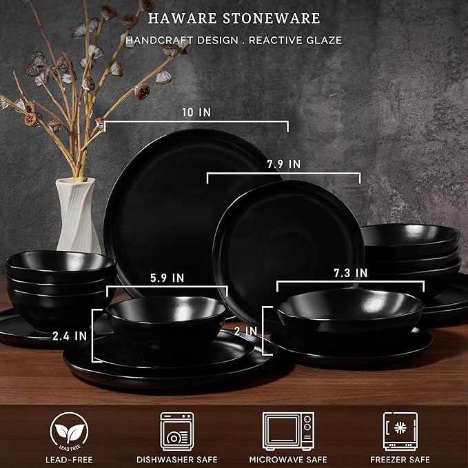 HaWare Plates and Bowls Set, Stoneware Dinnerware Sets, 16-Piece Hand-painted Dishware for 4, Ceramic Dish Set for Home Kitchen, Scratch Resistant, Microwave and Dishwasher Safe, Matte Black