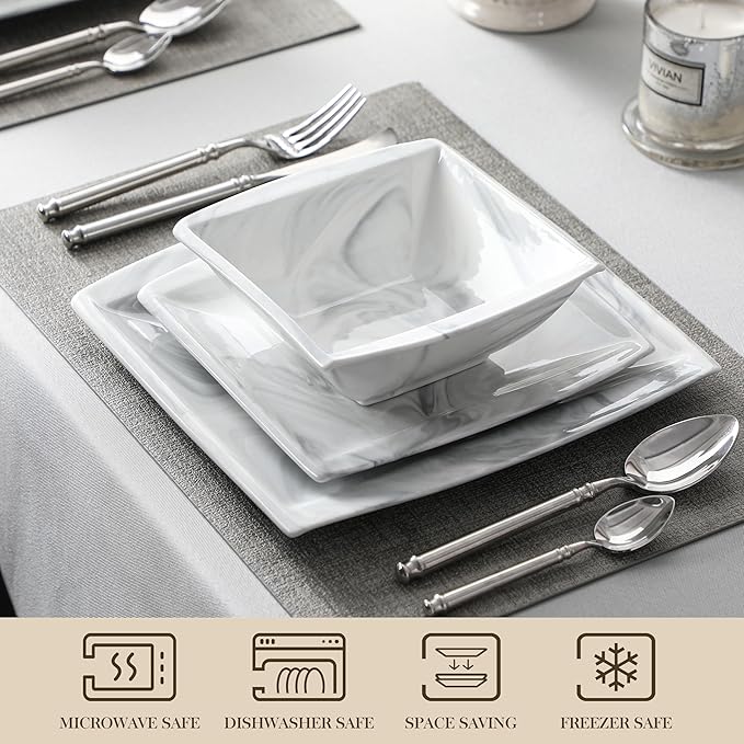 MALACASA Plates and Bowls Sets, 12-Piece Porcelain Dinnerware Sets for 4, Square Plates and Bowls for Dessert, Salad and Soup, Ceramic Dishes Dining Dishware Set, Marble Grey, Series Blance