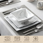 MALACASA Plates and Bowls Sets, 12-Piece Porcelain Dinnerware Sets for 4, Square Plates and Bowls for Dessert, Salad and Soup, Ceramic Dishes Dining Dishware Set, Marble Grey, Series Blance
