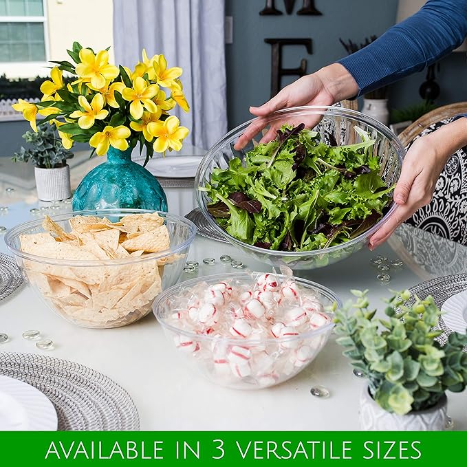 PLASTICPRO Disposable Round Crystal Clear Serving Bowls, Party Snack or Salad Bowl, Plastic Chip Dish, Candy Dish (4, 48 OUNCE)